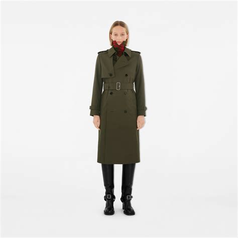 Long Cotton Blend Trench Coat in Military 